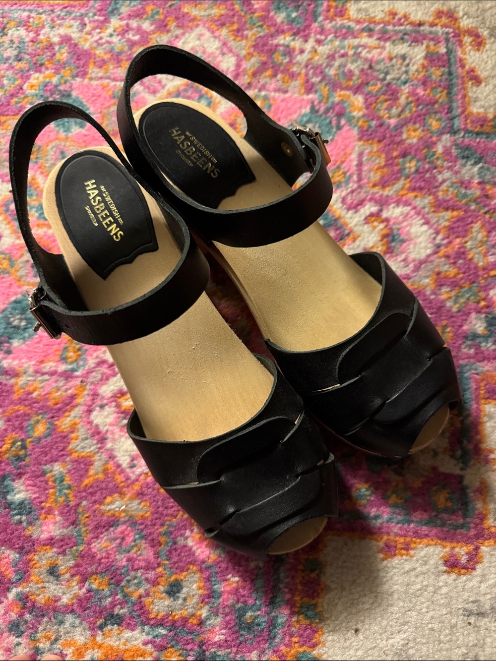 Swedish Hasbeens Black Leather Wedge Sandals with Ankle Strap